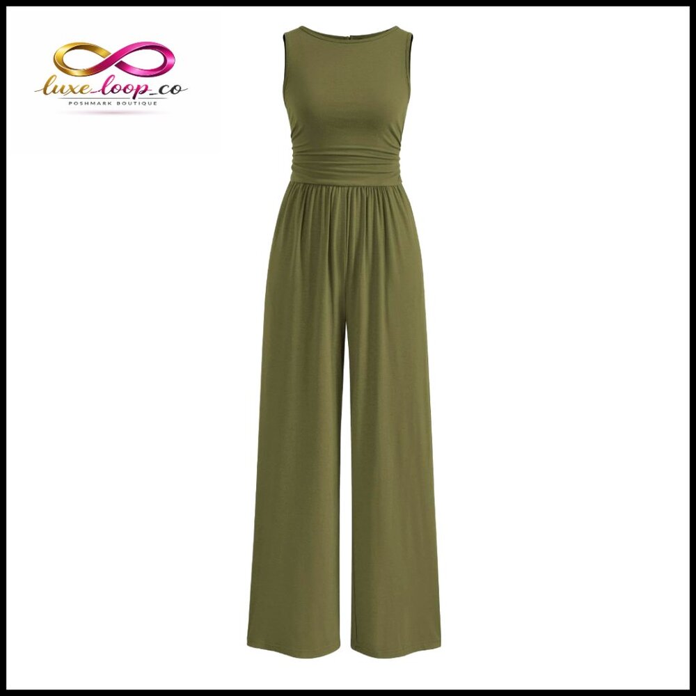 Sleeveless Wide Leg Jumpsuit, Crewneck, Back Button, Pockets, Summer Romper